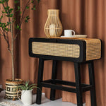 Stylish Black Solid Wood & Rattan Bedside Cupboard with Natural Finish tzm-537