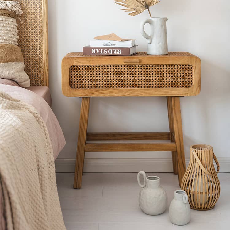 Stylish Black Solid Wood & Rattan Bedside Cupboard with Natural Finish tzm-537