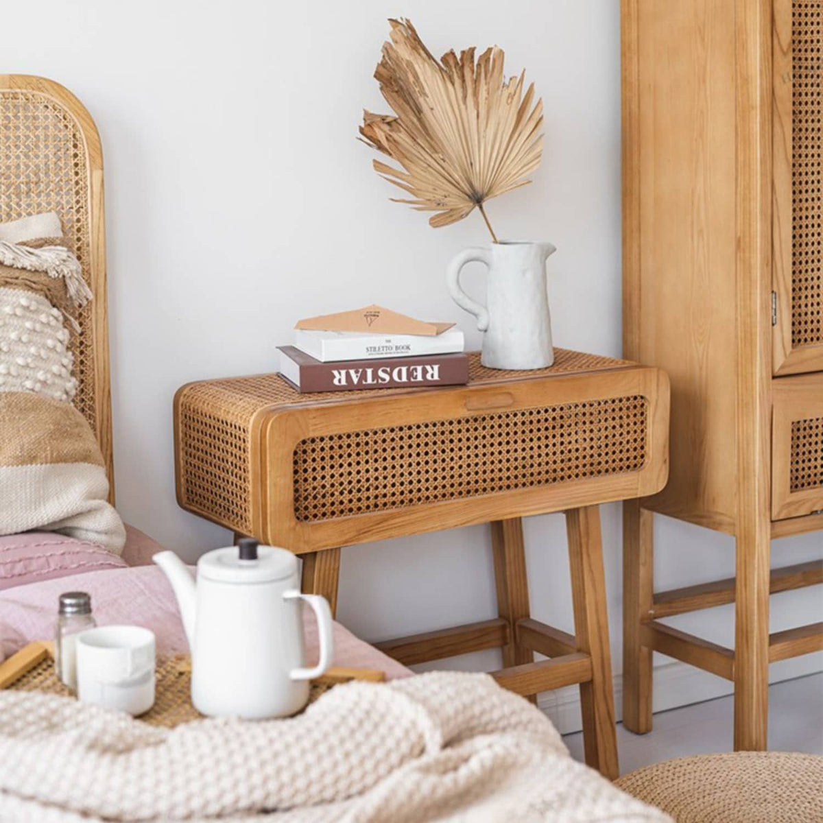 Stylish Black Solid Wood & Rattan Bedside Cupboard with Natural Finish tzm-537