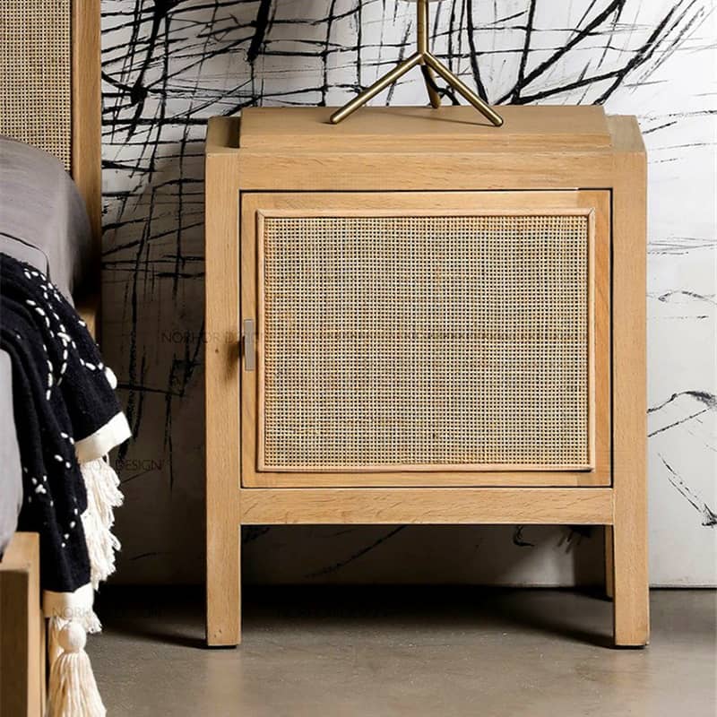 Natural Ash Wood Rattan Bedside Cupboard - Elegant Bedroom Storage Solution tzm-538