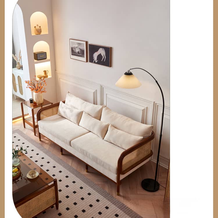 Luxurious Brown & Off-White Rattan Sofa with Ash Wood Frame and Silk Cotton-Ramie Fill tzm-543