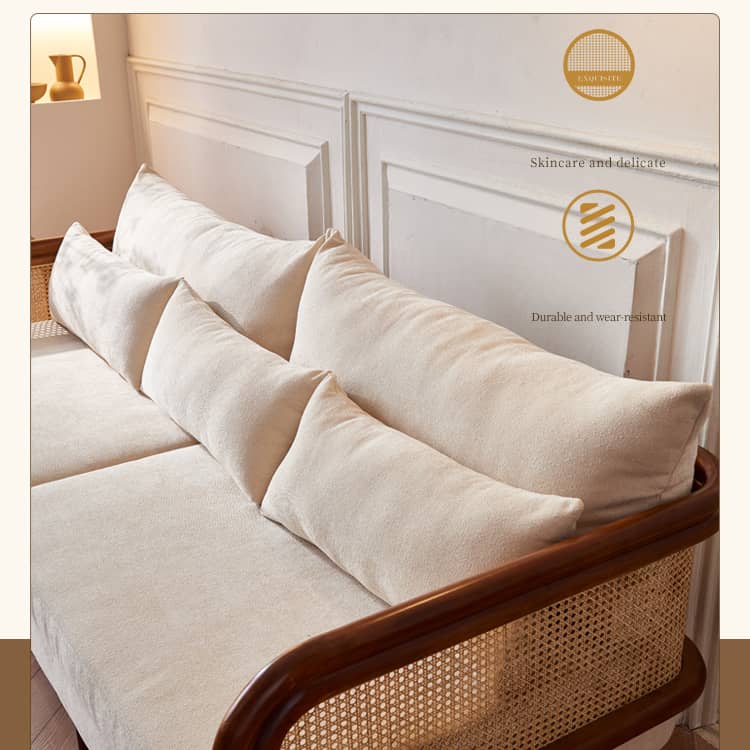 Luxurious Brown & Off-White Rattan Sofa with Ash Wood Frame and Silk Cotton-Ramie Fill tzm-543