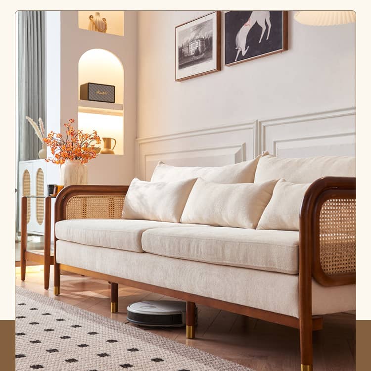 Luxurious Brown & Off-White Rattan Sofa with Ash Wood Frame and Silk Cotton-Ramie Fill tzm-543