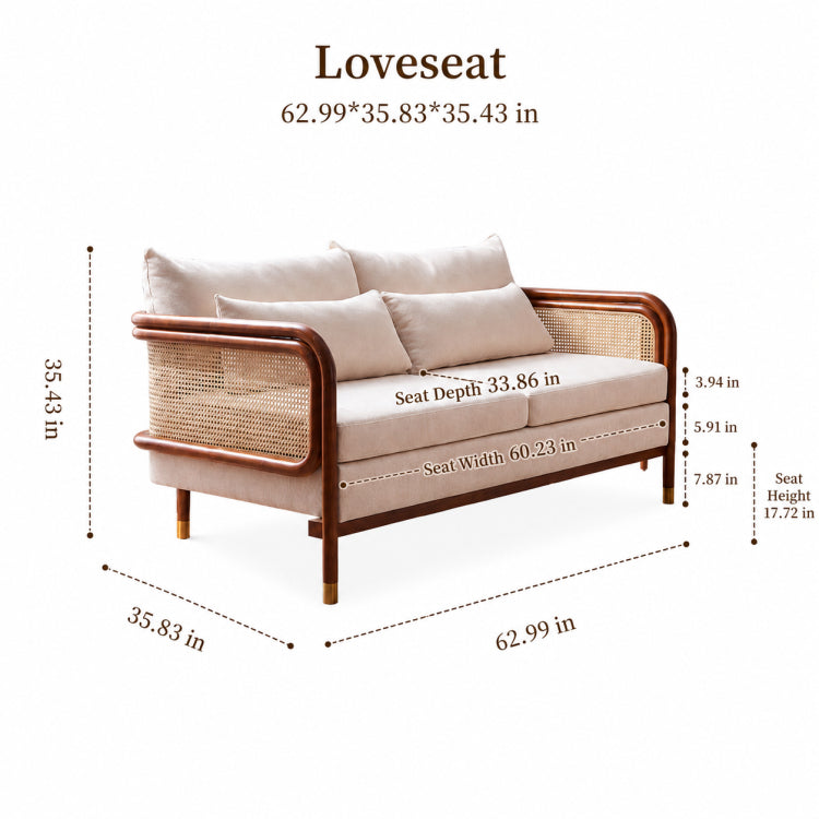 Modern Minimalist Solid Wood & Rattan Fabric Sofa Set, Beige Scandinavian Living Room Couch, 2-Seater/3-Seater tzm-543