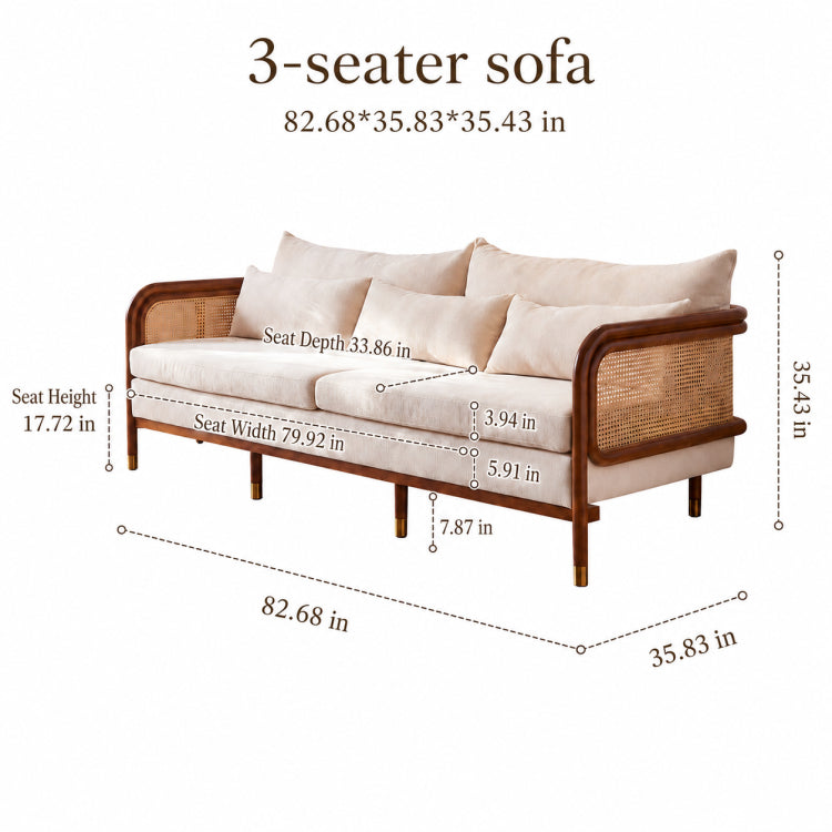 Modern Minimalist Solid Wood & Rattan Fabric Sofa Set, Beige Scandinavian Living Room Couch, 2-Seater/3-Seater tzm-543