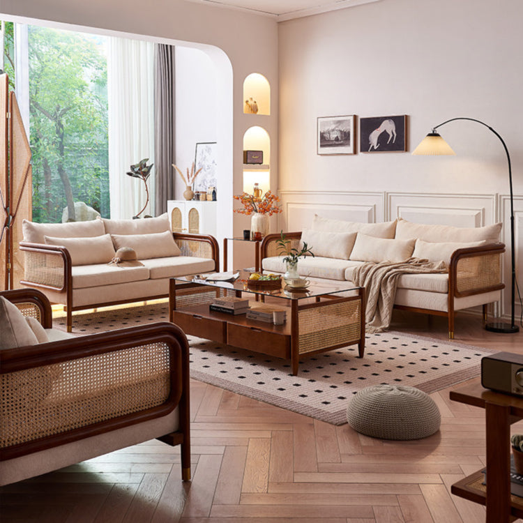 Modern Minimalist Solid Wood & Rattan Fabric Sofa Set, Beige Scandinavian Living Room Couch, 2-Seater/3-Seater tzm-543