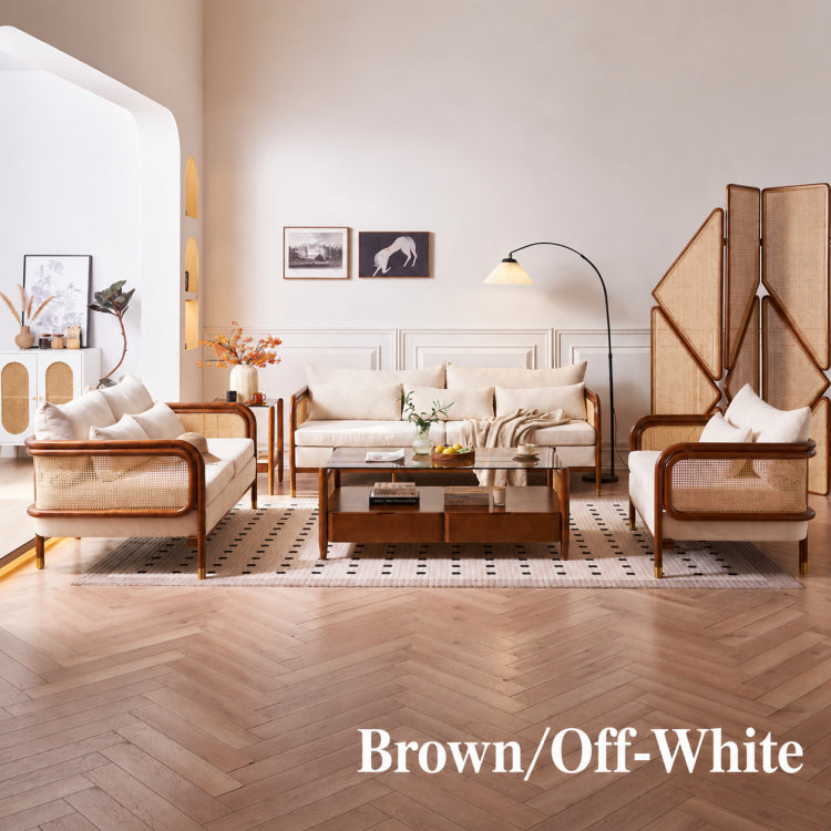Modern Minimalist Solid Wood & Rattan Fabric Sofa Set, Beige Scandinavian Living Room Couch, 2-Seater/3-Seater tzm-543
