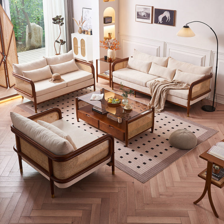 Modern Minimalist Solid Wood & Rattan Fabric Sofa Set, Beige Scandinavian Living Room Couch, 2-Seater/3-Seater tzm-543