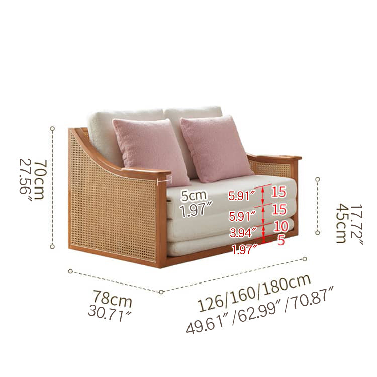 Elegant Off-White Faux Lambswool Sofa with Natural Rattan and Ash Wood Accents tzm-544