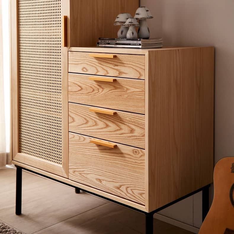 Stylish Natural Wood Cabinet with Rattan Accents and Ash Wood Detailing tzm-553