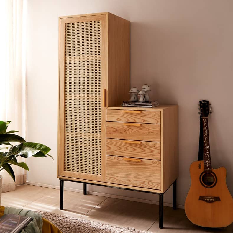 Stylish Natural Wood Cabinet with Rattan Accents and Ash Wood Detailing tzm-553