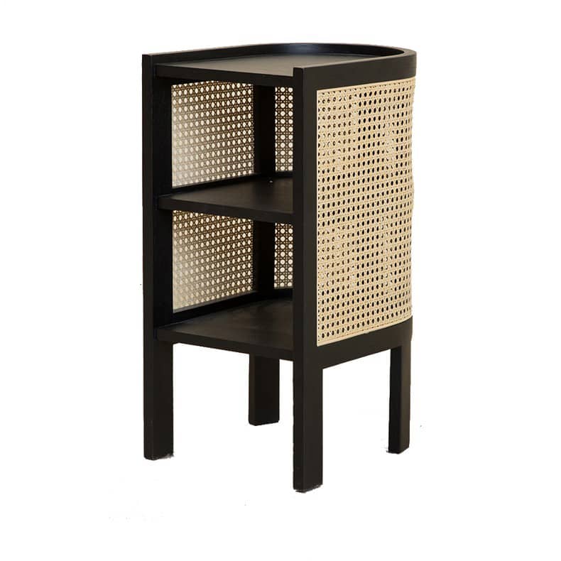Stylish Bedside Cupboard with Natural Wood, Black and Green Rattan Accents - Oak Wood Finish tzm-554