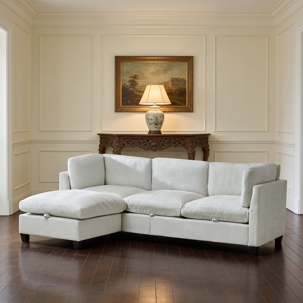96.5'Sectional Couch for Living room, Upholstered Soft Chenille Fabric Sofa, 3-Seater with One Ottoman L Shape Sofa Beige-W1097S00279 - 场景图