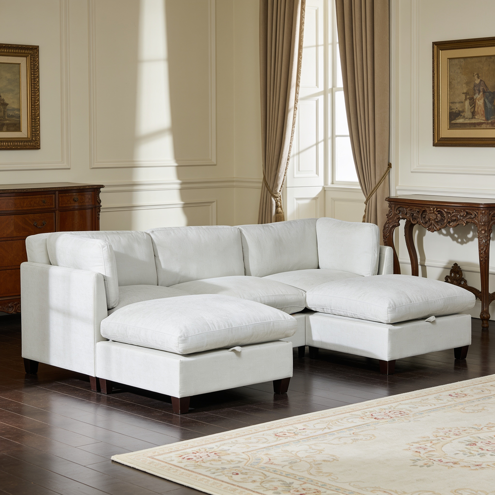 96.5'Sectional Couch for Living room, Upholstered Soft Chenille Fabric Sofa with Storage, 3-Seater with Two Ottomans U Shape Sofa Beige-W1097S00284 - 场景图
