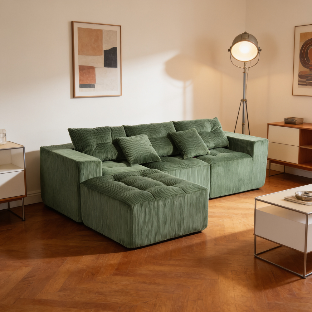101' L-Shaped Modular Compression Sofa, 3-Seater Comfortable Cloud Sofa, Corduroy Fabric, with Movable Footrest, Free DIY Combination, Suitable for Living Room, Bedroom, Apartment (Green)-W1170S00055 - 场景图