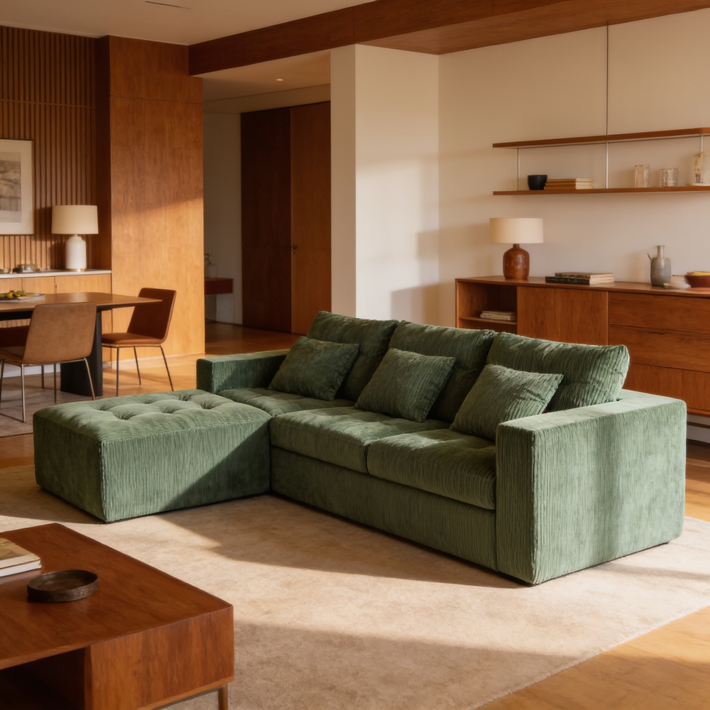 101' L-Shaped Modular Compression Sofa, 3-Seater Comfortable Cloud Sofa, Corduroy Fabric, with Movable Footrest, Free DIY Combination, Suitable for Living Room, Bedroom, Apartment (Green)-W1170S00055 - 场景图