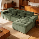 101' L-Shaped Modular Compression Sofa, 3-Seater Comfortable Cloud Sofa, Corduroy Fabric, with Movable Footrest, Free DIY Combination, Suitable for Living Room, Bedroom, Apartment (Green)-W1170S00055 - 场景图