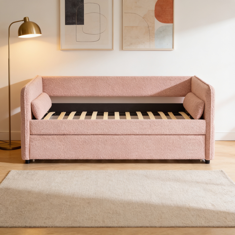 Daybed with Twin Size Pop-up Trundle Upholstered Tufted Sofa Bed, Twin Size, Boucle Fabric (83'x43'x29.5')-W1413S00172 - 场景图