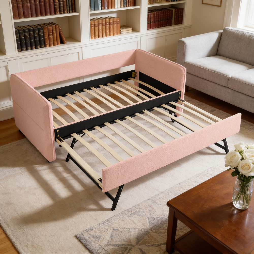 Daybed with Twin Size Pop-up Trundle Upholstered Tufted Sofa Bed, Twin Size, Boucle Fabric (83'x43'x29.5')-W1413S00172 - 场景图