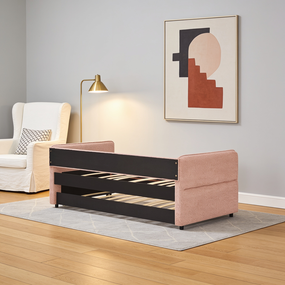 Daybed with Twin Size Pop-up Trundle Upholstered Tufted Sofa Bed, Twin Size, Boucle Fabric (83'x43'x29.5')-W1413S00172 - 场景图