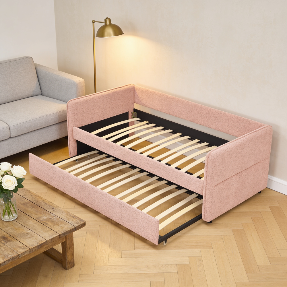 Daybed with Twin Size Pop-up Trundle Upholstered Tufted Sofa Bed, Twin Size, Boucle Fabric (83'x43'x29.5')-W1413S00172 - 场景图