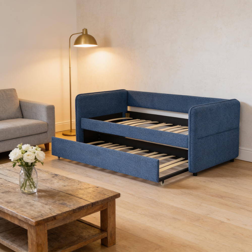 Daybed with Twin Size Pop-up Trundle Upholstered Tufted Sofa Bed, Twin Size, Boucle Fabric (83'x43'x29.5')-W1413S00173 - 场景图