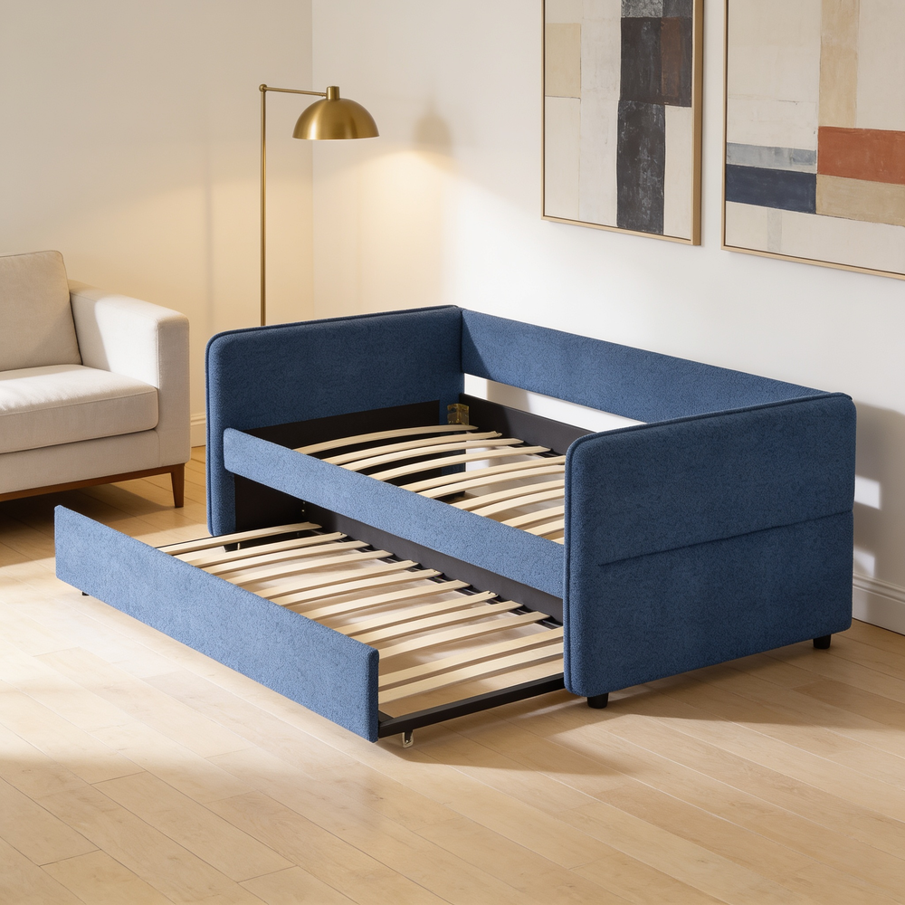 Daybed with Twin Size Pop-up Trundle Upholstered Tufted Sofa Bed, Twin Size, Boucle Fabric (83'x43'x29.5')-W1413S00173 - 场景图