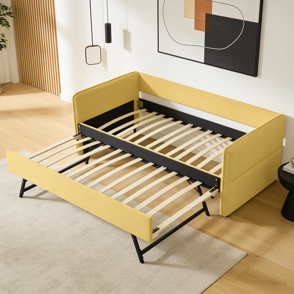 Daybed with Twin Size Pop-up Trundle Upholstered Tufted Sofa Bed, Twin Size, Boucle Fabric (83'x43'x29.5')-W1413S00174 - 场景图