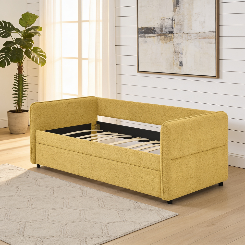 Daybed with Twin Size Pop-up Trundle Upholstered Tufted Sofa Bed, Twin Size, Boucle Fabric (83'x43'x29.5')-W1413S00174 - 场景图