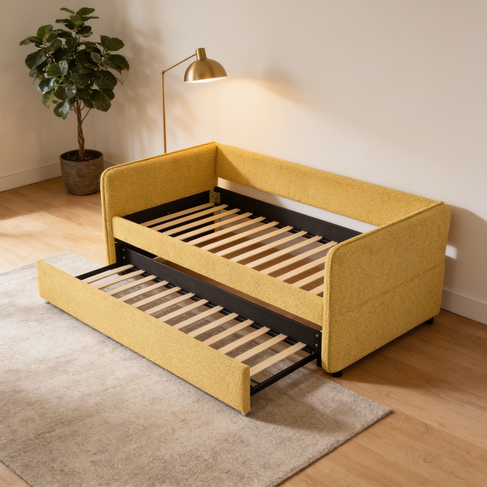 Full Size Daybed with Twin Size Pop-up Trundle Upholstered Tufted Sofa Bed, Full Size, Boucle Fabric (83'x58.5'x29.5')-W1413S00177 - 场景图