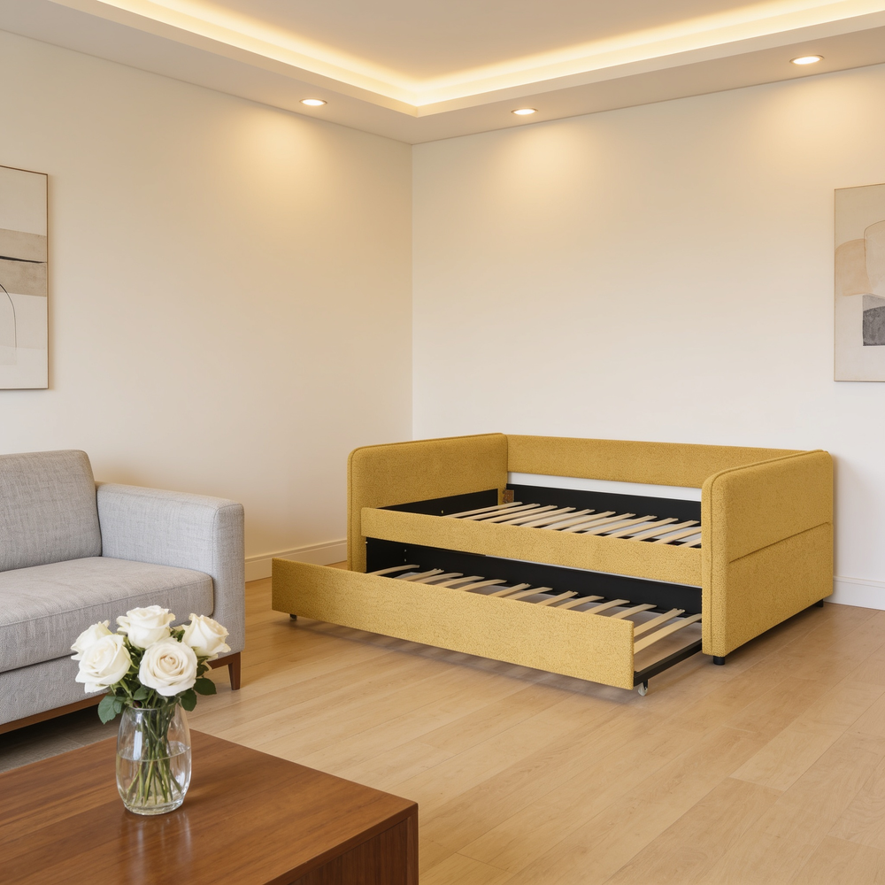 Full Size Daybed with Twin Size Pop-up Trundle Upholstered Tufted Sofa Bed, Full Size, Boucle Fabric (83'x58.5'x29.5')-W1413S00177 - 场景图