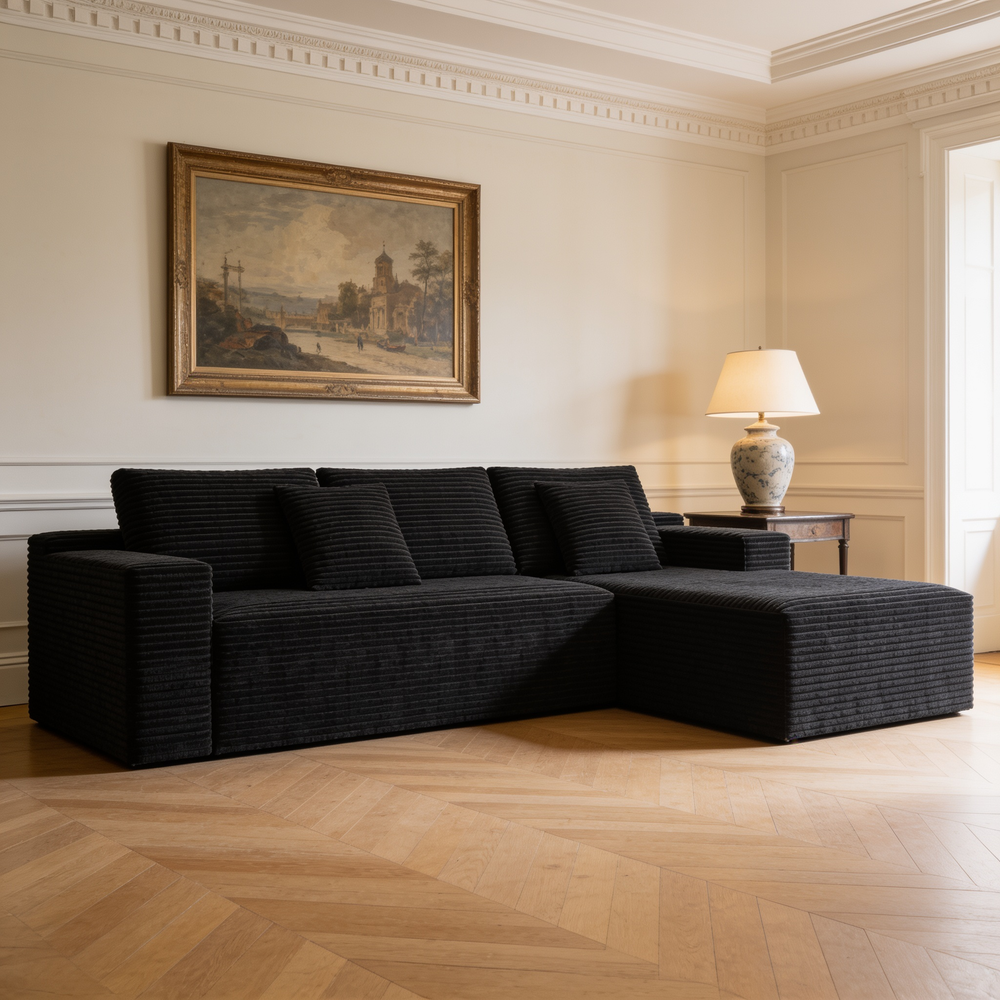 104.3*68.9'Modular sectional sofa seat,Upholstered compressed couch for living room,Bedroom,Apartment,No assembly required,2PC free combination,Plush corduroy fabric,BLACK-W3819P448418 - 场景图