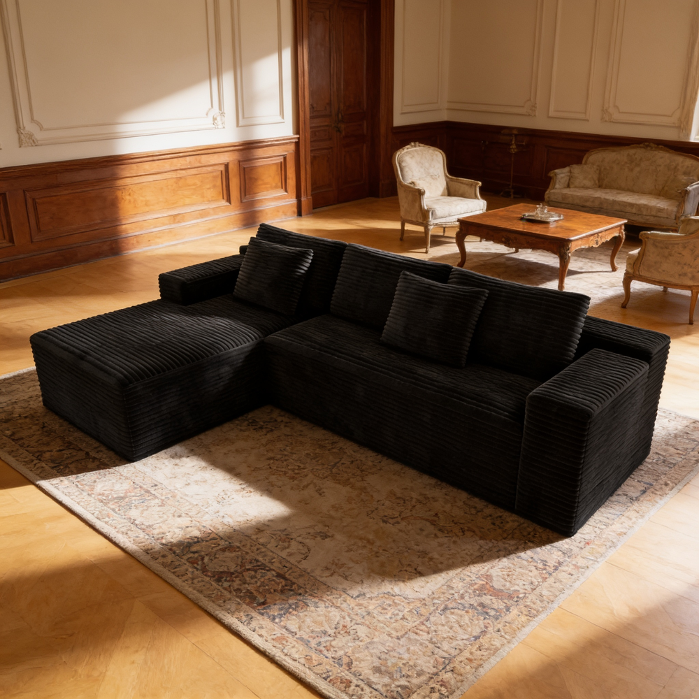 104.3*68.9'Modular sectional sofa seat,Upholstered compressed couch for living room,Bedroom,Apartment,No assembly required,2PC free combination,Plush corduroy fabric,BLACK-W3819P448419 - 场景图
