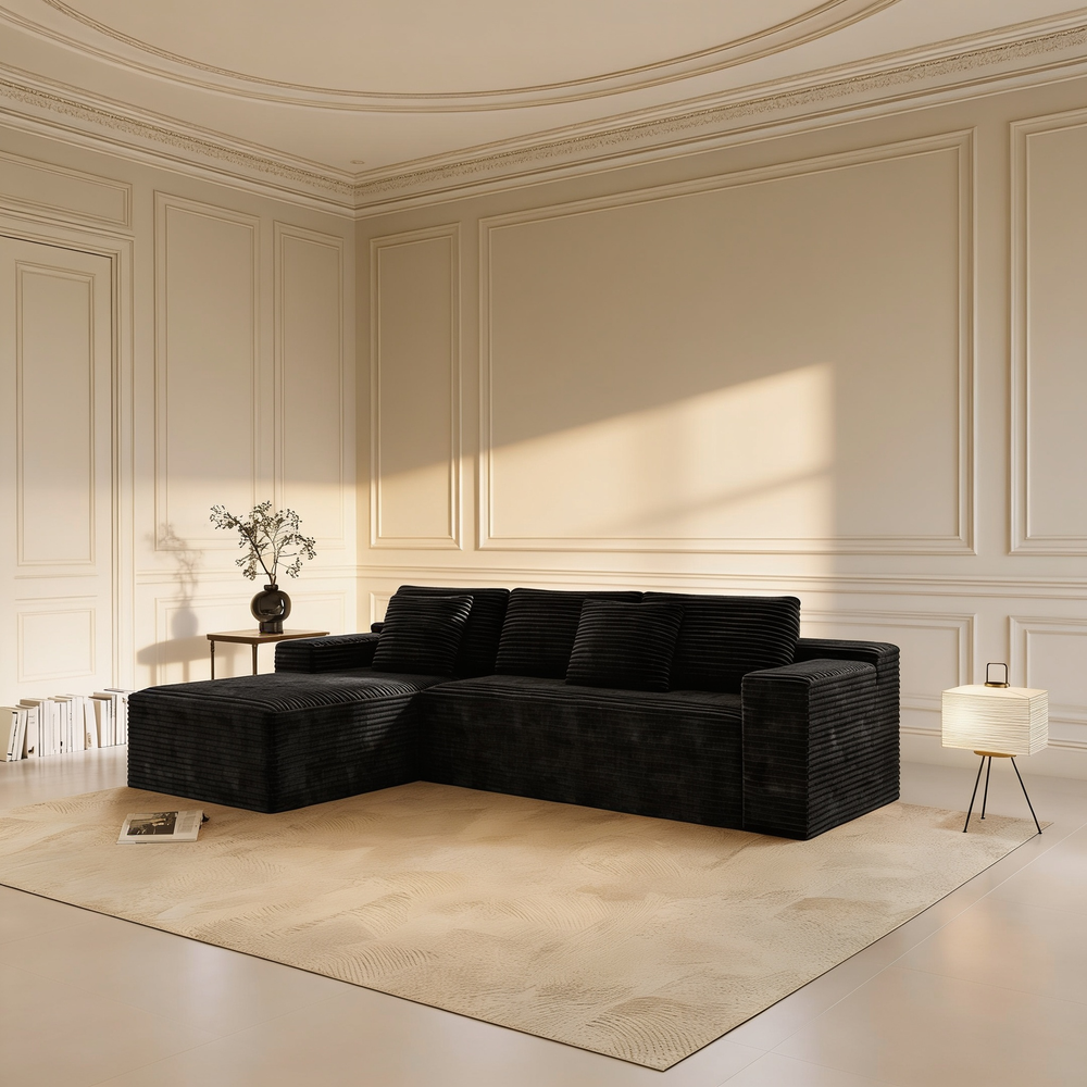 104.3*68.9'Modular sectional sofa seat,Upholstered compressed couch for living room,Bedroom,Apartment,No assembly required,2PC free combination,Plush corduroy fabric,BLACK-W3819P448419 - 场景图
