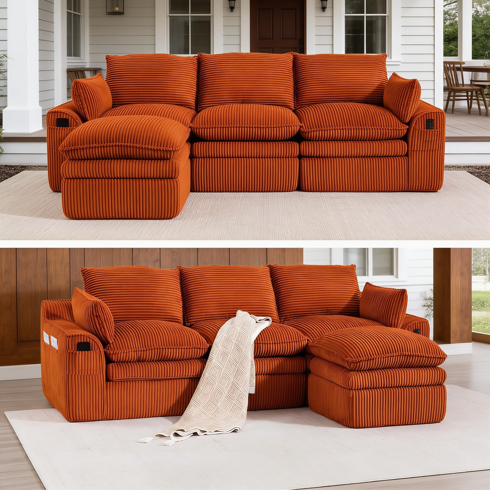 L Shaped Compressed Modular Sectional Sofa Modern Corduroy Upholstered Boneless Couches with Movable Footstool,With Three Pillows and Two Lumbar Pillows,Detachable Cloud Seat Cushions-W395S00137 - 场景图