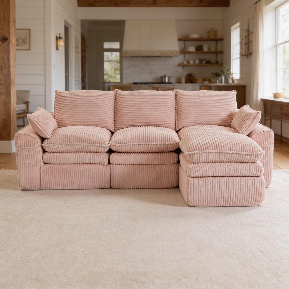 L Shaped Compressed Modular Sectional Sofa Modern Corduroy Upholstered Boneless Couches with Movable Footstool,With Three Pillows and Two Lumbar Pillows,Detachable Cloud Seat Cushions-W395S00138 - 场景图