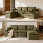 L Shaped Compressed Modular Sectional Sofa Modern Corduroy Upholstered Boneless Couches with Movable Footstool,With Three Pillows and Two Lumbar Pillows,Detachable Cloud Seat Cushions-W395S00139 - 场景图