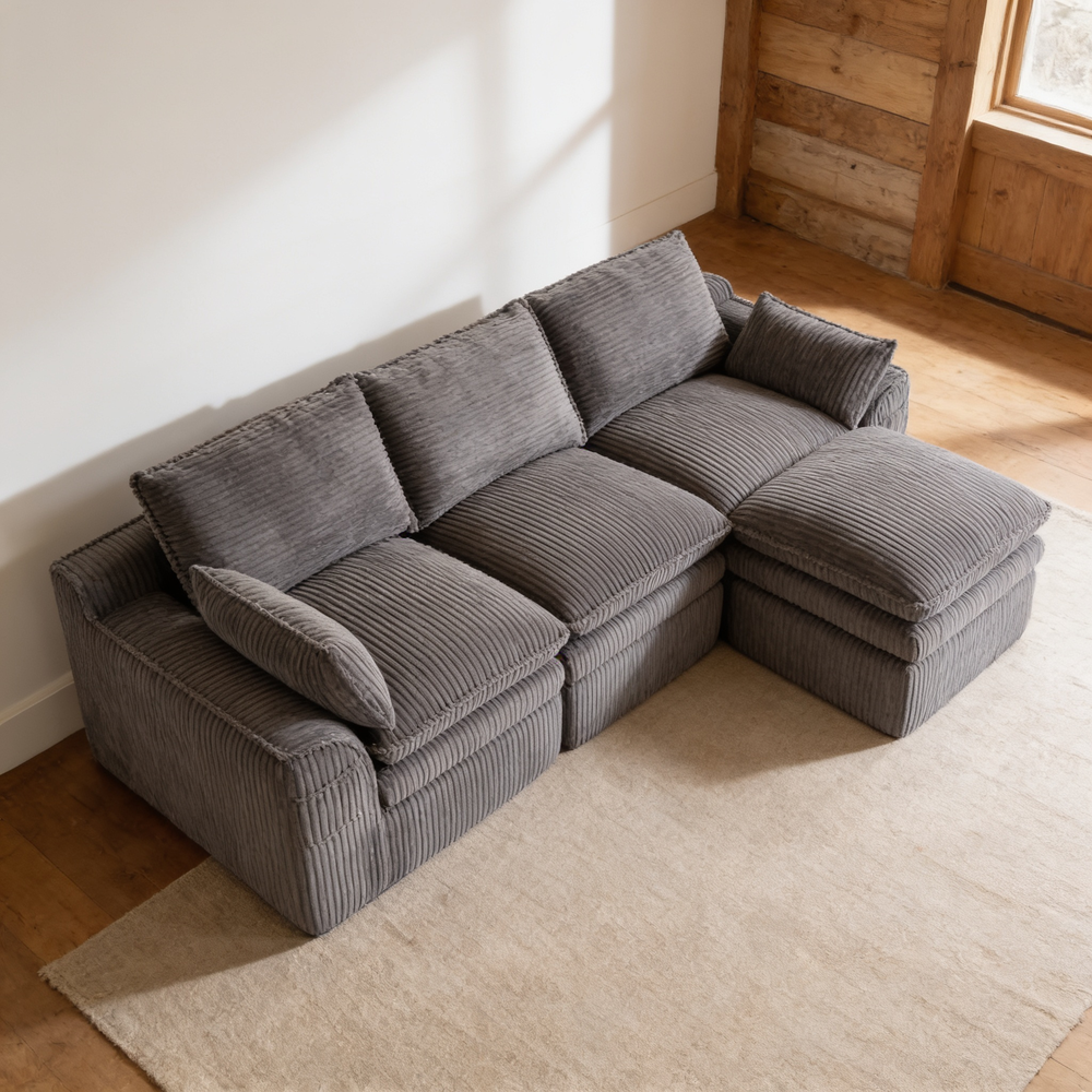 L Shaped Compressed Modular Sectional Sofa Modern Corduroy Upholstered Boneless Couches with Movable Footstool,With Three Pillows and Two Lumbar Pillows,Detachable Cloud Seat Cushions-W395S00140 - 场景图