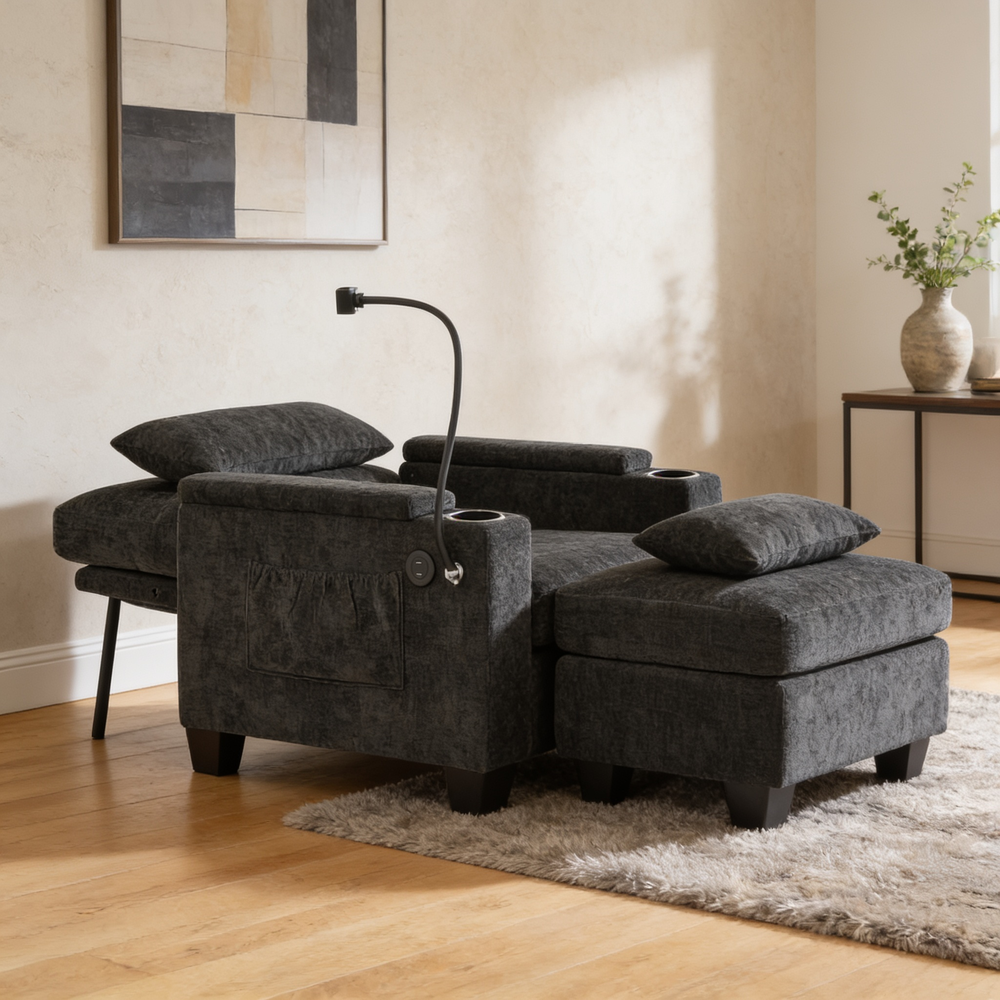 Single sofa recliner with manually adjustable backrest, USB charging port on the armrest side, phone stand included, hidden armrest storage, and a matching storage ottoman-Black-W487P423649 - 场景图