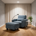 Single sofa recliner with manually adjustable backrest, USB charging port on the armrest side, phone stand included, hidden armrest storage, and a matching storage ottoman-Blue-W487P423651 - 场景图