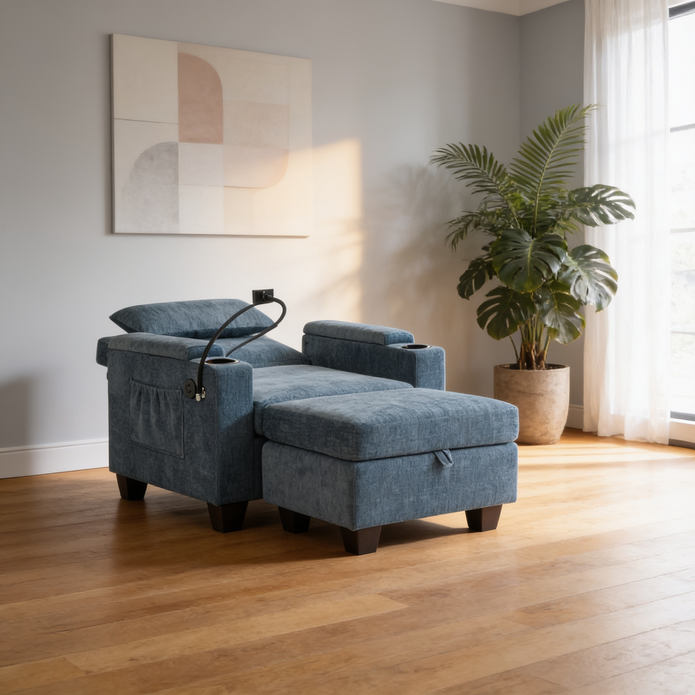 Single sofa recliner with manually adjustable backrest, USB charging port on the armrest side, phone stand included, hidden armrest storage, and a matching storage ottoman-Blue-W487P423651 - 场景图
