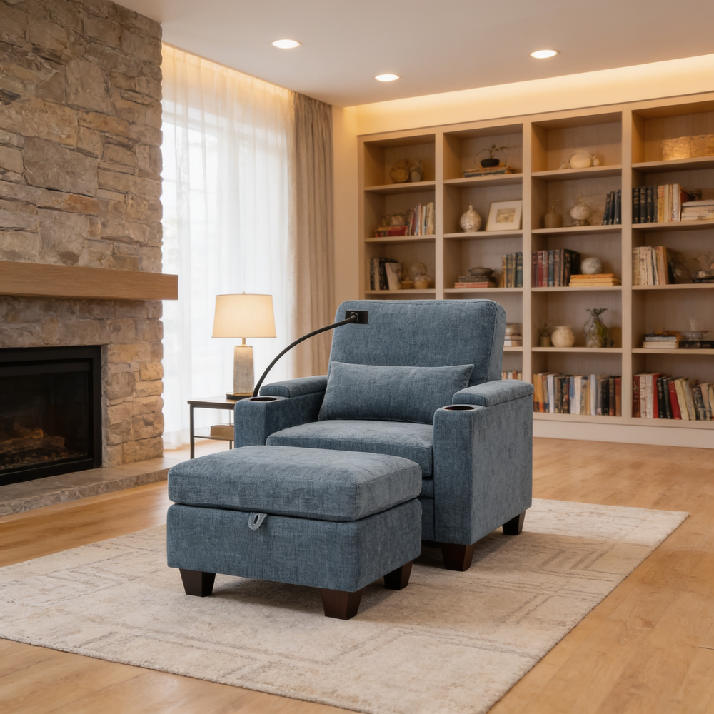 Single sofa recliner with manually adjustable backrest, USB charging port on the armrest side, phone stand included, hidden armrest storage, and a matching storage ottoman-Blue-W487P423651 - 场景图