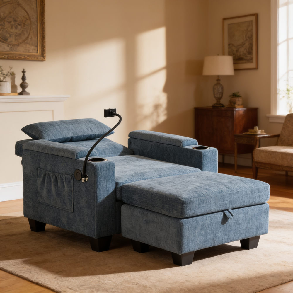 Single sofa recliner with manually adjustable backrest, USB charging port on the armrest side, phone stand included, hidden armrest storage, and a matching storage ottoman-Blue-W487P423651 - 场景图