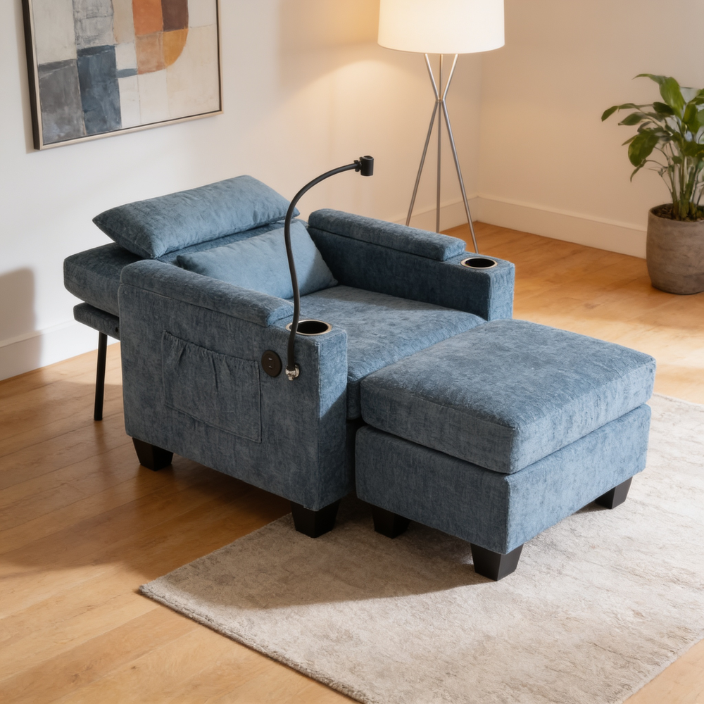 Single sofa recliner with manually adjustable backrest, USB charging port on the armrest side, phone stand included, hidden armrest storage, and a matching storage ottoman-Blue-W487P423651 - 场景图