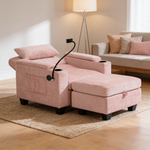 Single sofa recliner with manually adjustable backrest, USB charging port on the armrest side, phone stand included, hidden armrest??W487P423652 storage, and a matching storage ottoman-Pink - 场景图