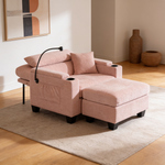 Single sofa recliner with manually adjustable backrest, USB charging port on the armrest side, phone stand included, hidden armrest??W487P423652 storage, and a matching storage ottoman-Pink - 场景图