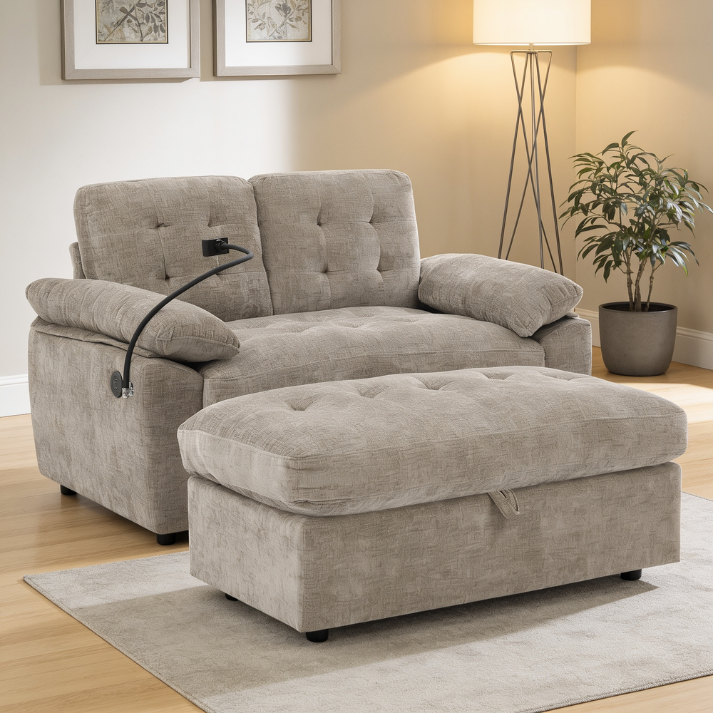 Leisure sofa chair,Double sofa recliner, with manually adjustable backrest, soft padded armrests, side USB charging port and phone stand, comes with a matching storage ottoman-Brown-W487S00518 - 场景图