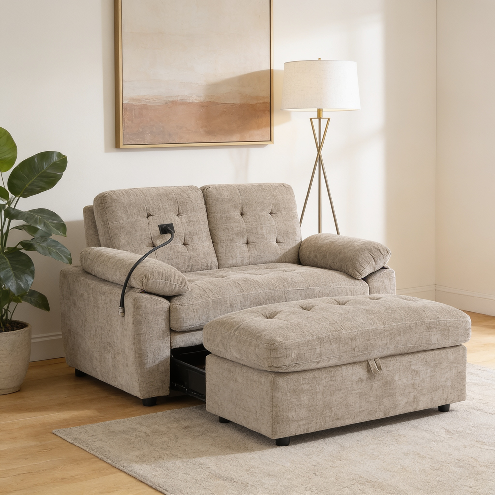 Leisure sofa chair,Double sofa recliner, with manually adjustable backrest, soft padded armrests, side USB charging port and phone stand, comes with a matching storage ottoman-Brown-W487S00518 - 场景图