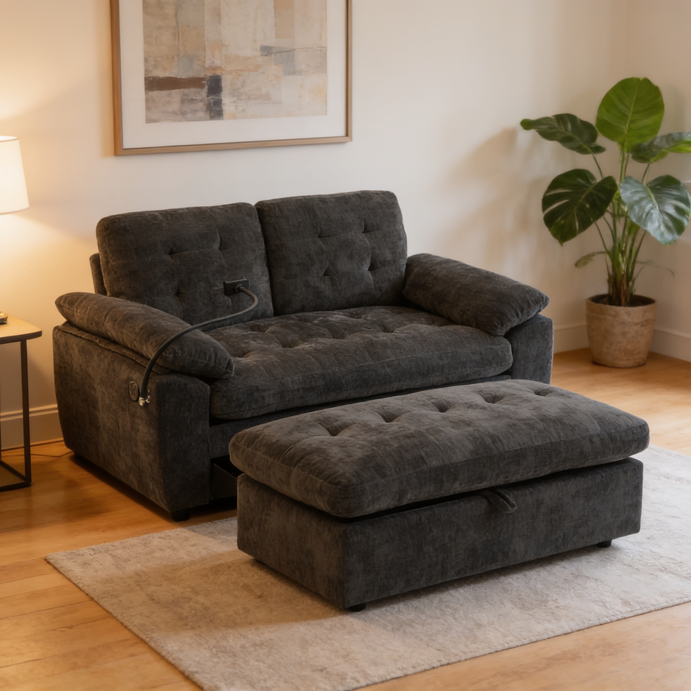 Leisure sofa chair,Double sofa recliner, with manually adjustable backrest, soft padded armrests, side USB charging port and phone stand, comes with a matching storage ottoman-Black-W487S00521 - 场景图