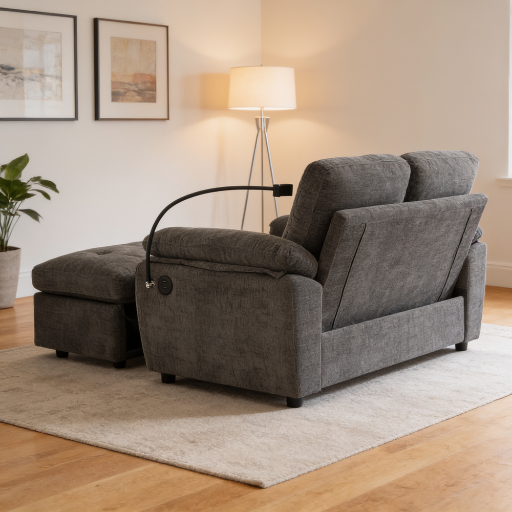 Leisure sofa chair,Double sofa recliner, with manually adjustable backrest, soft padded armrests, side USB charging port and phone stand, comes with a matching storage ottoman-Gray-W487S00522 - 场景图
